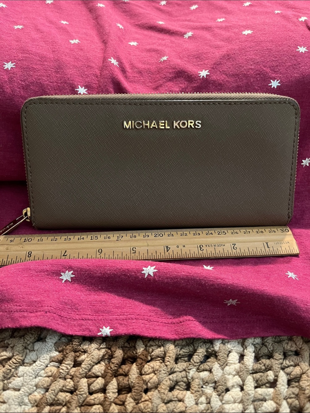 EUC Michael Kors Taupe Zip Around Saffiano Wallet with Gold Logo